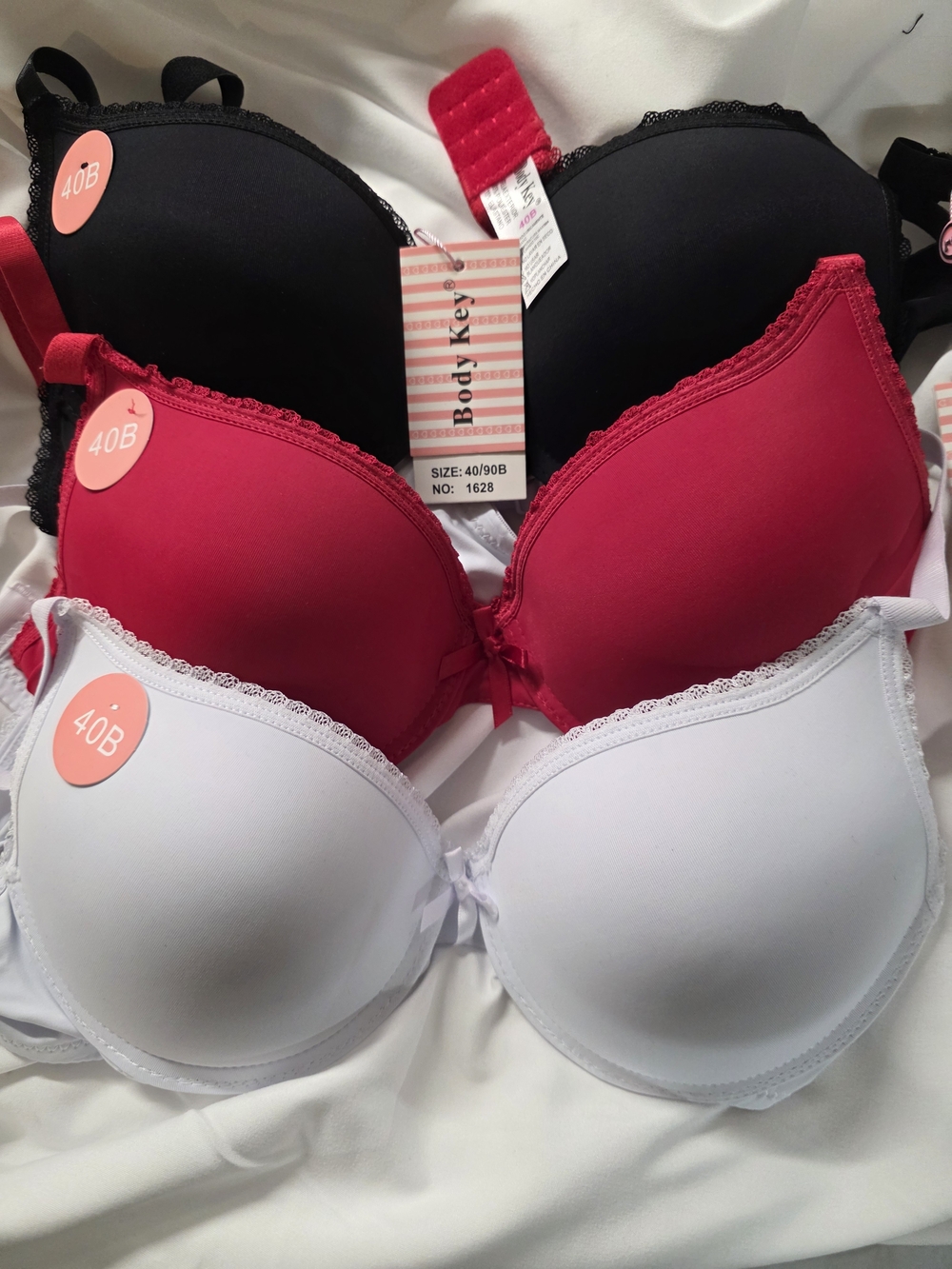 Body Key 3-Pack Push UP Bras - Black, Red, White (40B)